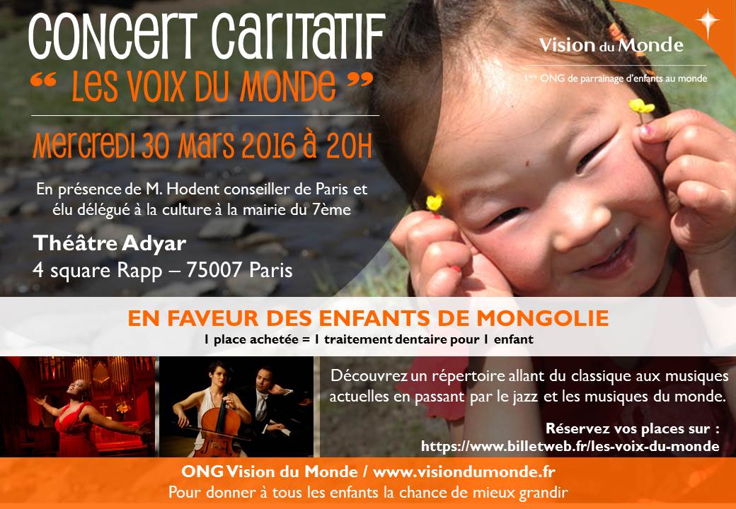 Concert caritatif "Les Voix du Monde" le 30 mars au théâtre Adyar